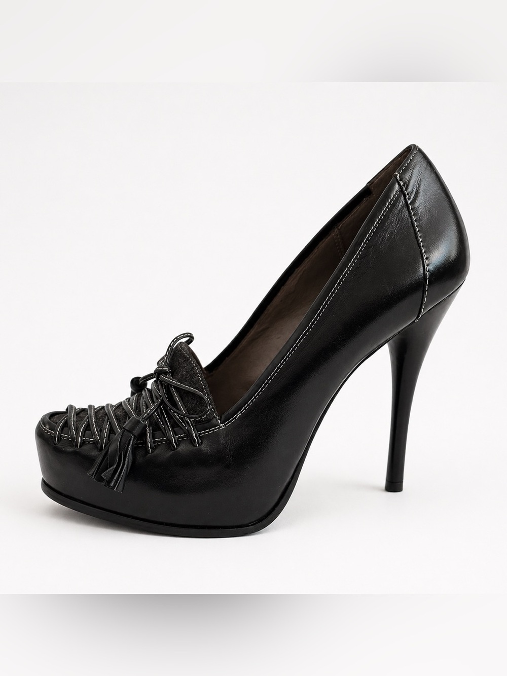 LEVITY Black Leather Lace Up Platform Heels Tassel Sexy Stiletto Pumps | 8.5/9.5